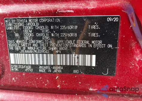 2021 Toyota Venza Le z USA, uszkodzony, nr VIN JTEAAAAH7MJ009043